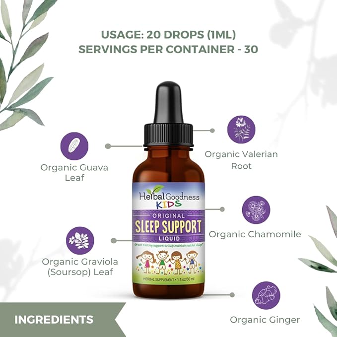 Kids Sleep Support Liquid Extract - Natural Kids Plant Based Herbal Sleep Aid, with Chamomile, Guava Leaf - 1oz Liquid Extract - Herbal Goodness (1 Unit)
