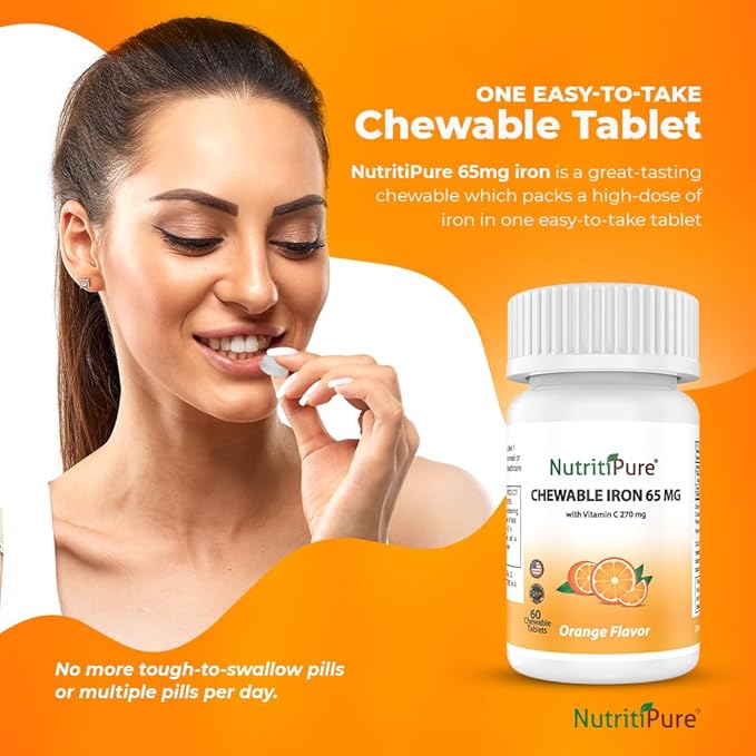 Chewable Iron 65 mg with Vitamin C 270 mg - Tablet in Orange Flavor 60 Count (2)