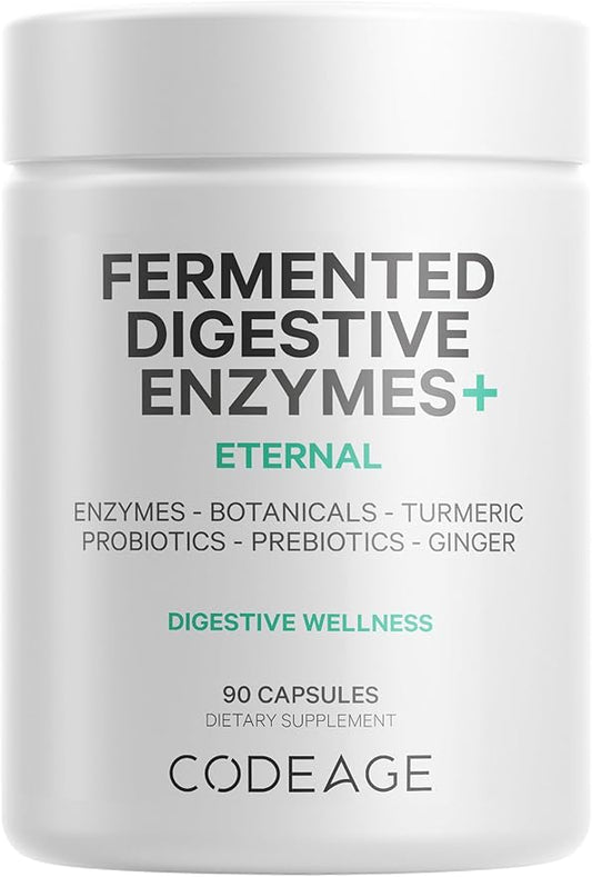 Codeage Fermented Digestive Enzymes Supplement 3-Month Supply - 14 Digestive Enzymes, Probiotics, Prebiotics, Fermented Botanicals, Plant-Based Multi Pancreatic Enzymes - 1 Capsule a Day - 90 Capsules