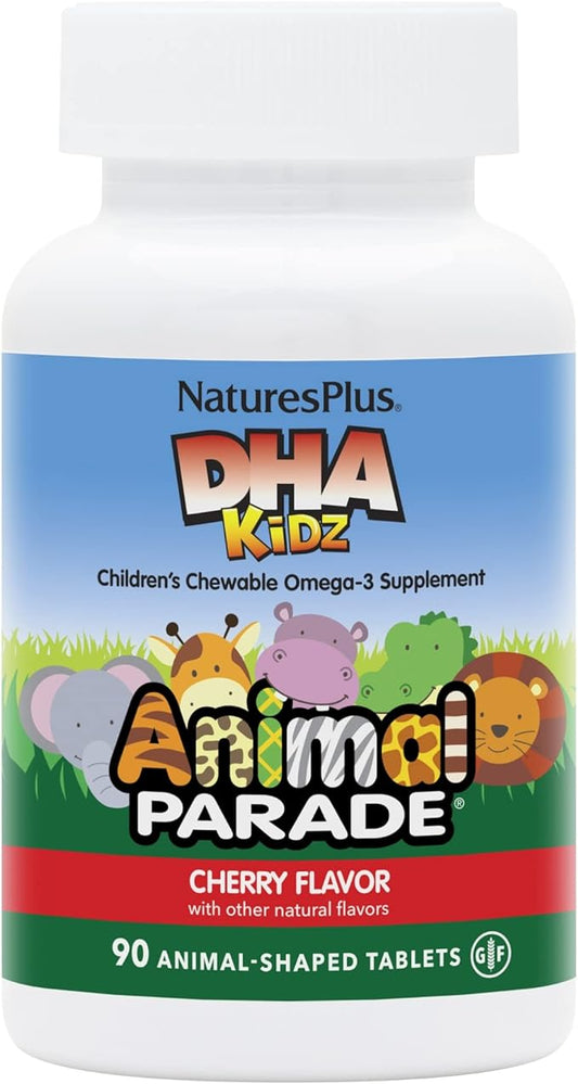 Natures Plus Animal Parade DHA Children's Chewables - Natural Cherry Flavor - 90 Chewable Animal-Shaped Tablets - Omega 3 Fatty Acid Supplement - Gluten Free - 30 Servings