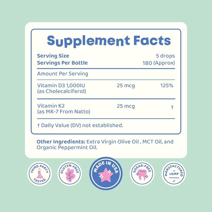 JoySpring Vitamin D3 Kids Drops with K2 – Liquid Supplement for Calcium Absorption & Joint Health – 180 Servings (1 fl oz) – Vitamin D Kids Ages 3-18