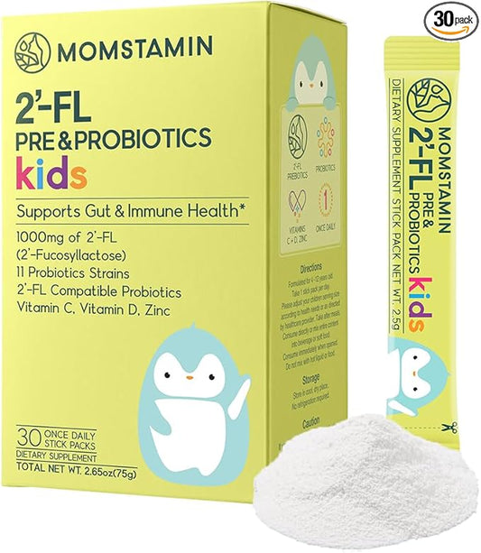 MOMSTAMIN 2'-FL HMO Prebiotics & Probiotics for Kids, 1000mg Human Milk Oligosaccharide 2'-FL Powder, Patented 11 Strains, Healthy Gut Microbiome, Immune & Digestive Supplement, IBS Relief - 30 Sticks