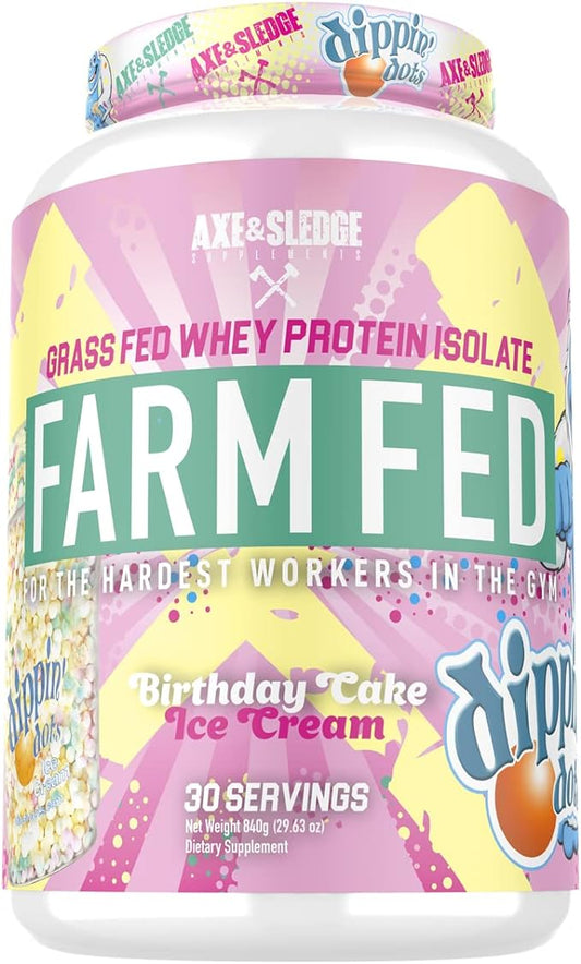 Axe & Sledge Supplements Farm Fed Grass-Fed Whey Protein Isolate, Digestive Enzymes, 22 Grams Protein, 30 Servings (Dippin' Dots Birthday Cake Ice Cream)