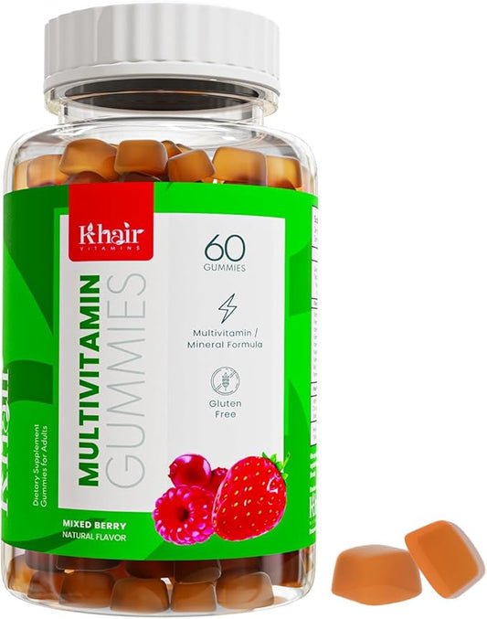 Khair Halal Adult Multivitamins Gummy - Vegan, Non-GMO - Gluten Free, Gelatin Free - Essential Vitamins: Vitamin A E C D B12 & Vitamin B6 Halal Vitamins - 60 Gummies