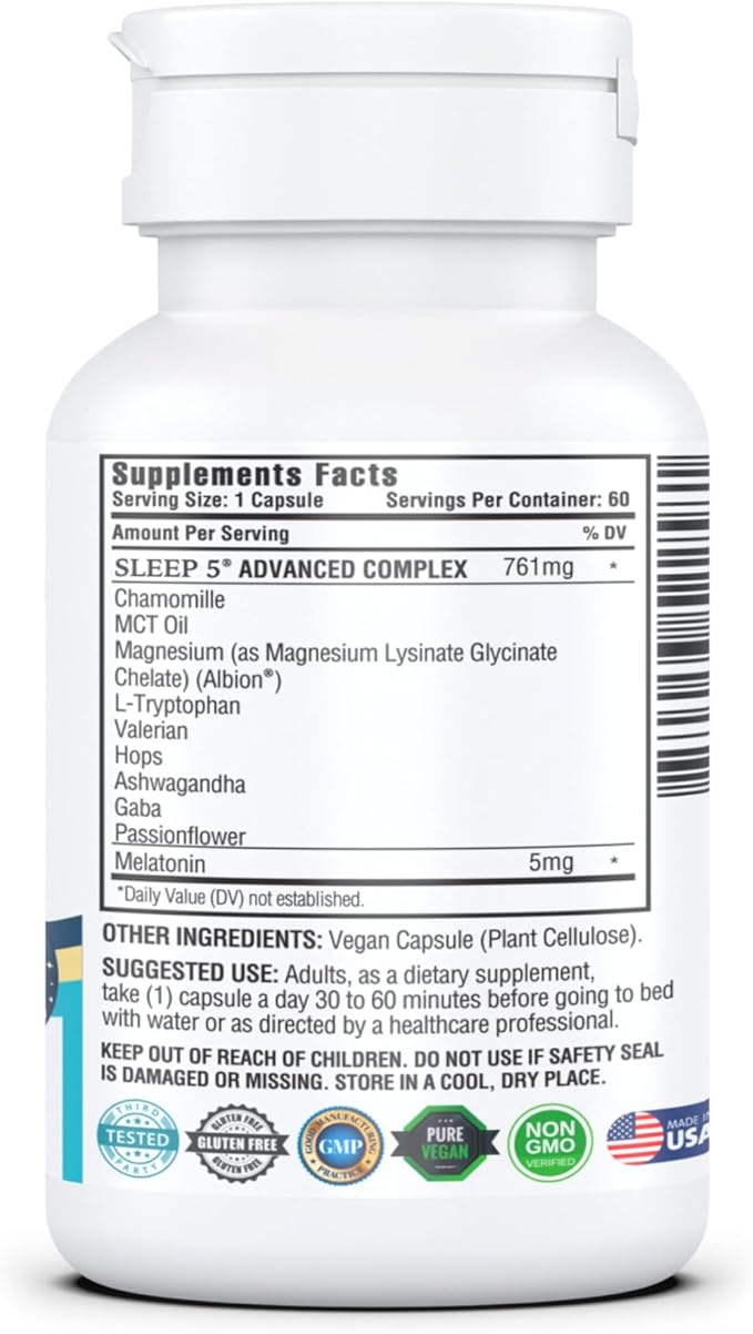 KAPPA NUTRITION Sleep 5, Sleep Aid, 5mg of Melatonin, 60-Day Supply, Non-Habit Forming Vegan Capsules Natural Ingredients for Easier Bedtime, Herbal Supplement, Valerian Root, Chamomile Non-GMO