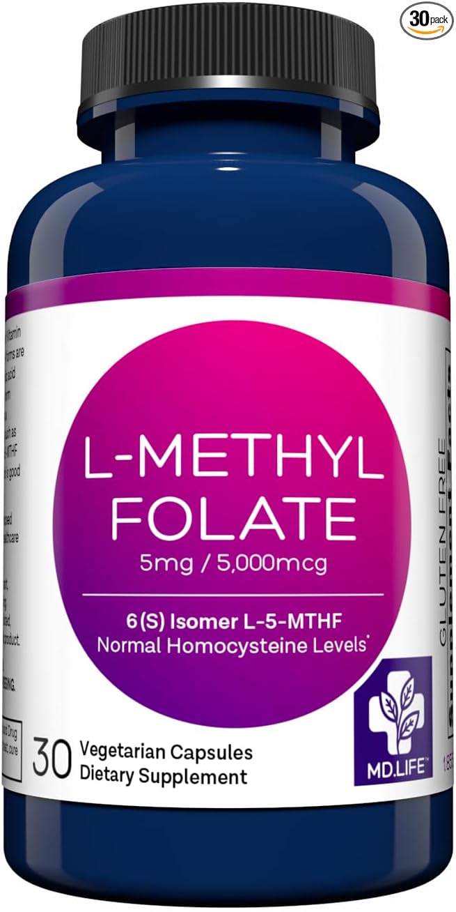 MD.LIFE L-Methylfolate|5-MTHF| 5 Miligrams| 30 Capsules| Metabolically Active Form of Folic Acid|