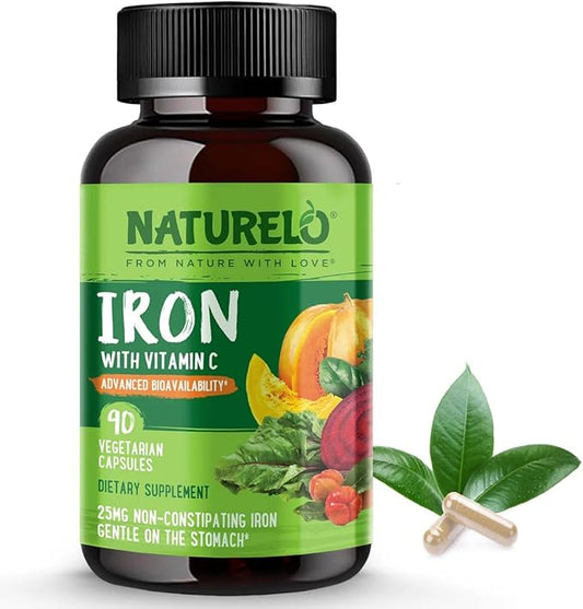 NATURELO Vegan Iron Supplement with Vitamin C and Organic Whole Foods - Gentle Iron Pills for Women & Men with Iron Deficiency Including Pregnancy, Anemia and Vegan Diets - 90 Mini Capsules