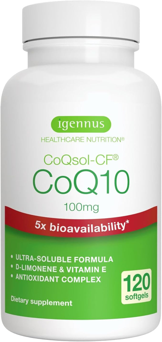 Igennus Advanced CoQ10 100mg, 5X Bioavailability CoQsol-CF Boosted with D-Limonene, 120 1-a-Day Servings, Heart & Energy, Ubiquinone Coenzyme Q10 & Vitamin E Antioxidant