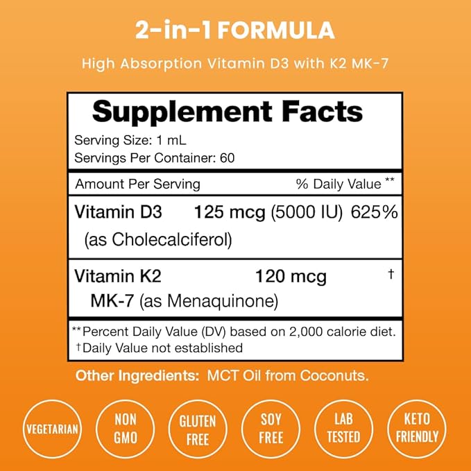NutraChamps Vitamin D3 K2 Drops, Liquid Vitamin D3 5000 IU & K2 D3 with MK7, Vitamin D Drops for Kids, Bones, Heart & Immune Health, Liquid Vitamin D in MCT Oil for Better Absorption