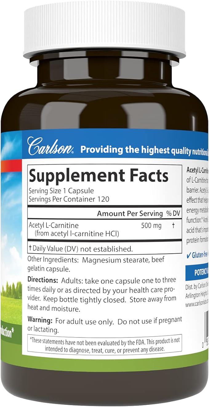 Carlson - Acetyl L-Carnitine, 500 mg, Cognitive Health, Brain Function & Energy Production, 120 Capsules