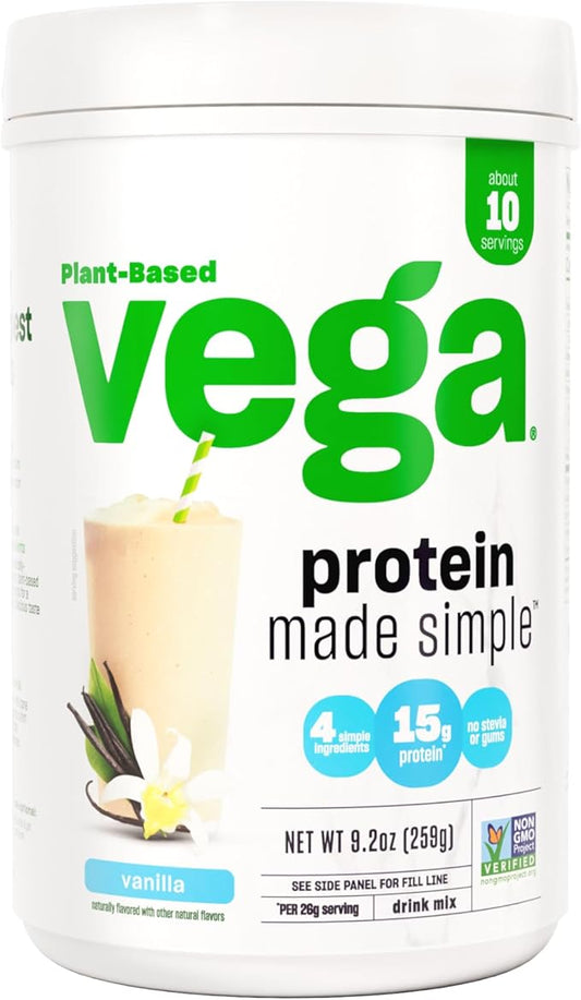Vega Protein Made Simple Protein Powder, Vanilla - Stevia Free, Vegan, Plant Based, Healthy, Gluten Free, Pea Protein for Women and Men, 9.2 oz (Packaging May Vary)