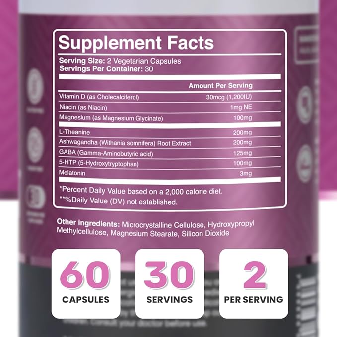 Natural Sleep Aid for Adults, Sleep Supplement, Natural Calm, Melatonin with L-Theanine, Magnesium Glycinate, Ashwagandha, GABA, 5-HTP, Vitamin D & Niacin (30 Day Supply)