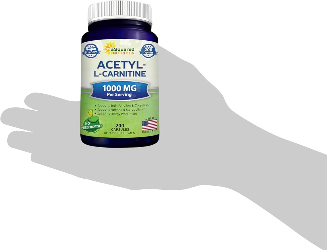 aSquared Nutrition Acetyl L-Carnitine 1000mg Max Strength - 200 Veggie Capsules - High Dosage Acetyl L Carnitine HCL (ALCAR) Supplement Pills to Support Pure Energy, Brain Function & Fatty Acid
