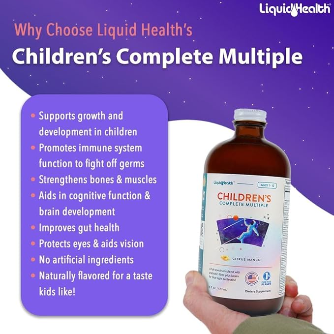 LIQUIDHEALTH Children's Complete Liquid Multivitamin for Kids, Toddlers - Essential Vitamins, Nutrients & Minerals, Immune Support, Gut Health - Great Taste, Vegan, Non GMO, Sugar-Free (16 oz)