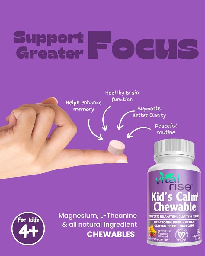 Kids Magnesium Chewables - Daily Supplement, Sugar-Free & Melatonin-Free, Supports a Healthy Stress Response & Focus, Fast-Absorbing Magnesium with L-Theanine, Mixed Fruit Flavor, 30 Count