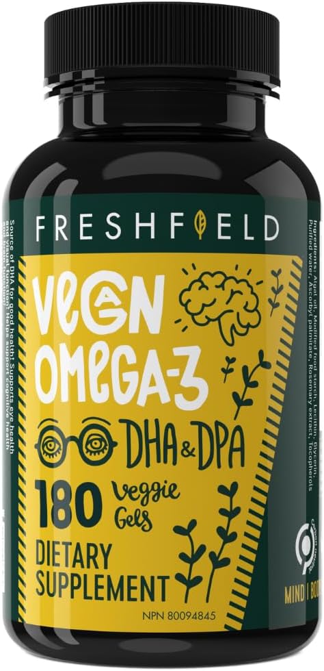 Freshfield Vegan Omega 3 DHA: Algae Oil, Carrageenan Free, Sustainably Sourced, Tested, No Heavy Metals, Replacement for Fish Oil, Carbon Neutral. Supports Heart, Brain, Joint Health w/DPA