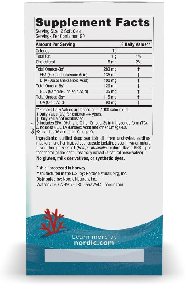 Nordic Naturals Complete Omega Jr., Lemon - 180 Mini Soft Gels - 283 mg Total Omega-3s & 35 mg GLA - Healthy Cognition, Nervous System Function - Non-GMO - 90 Servings