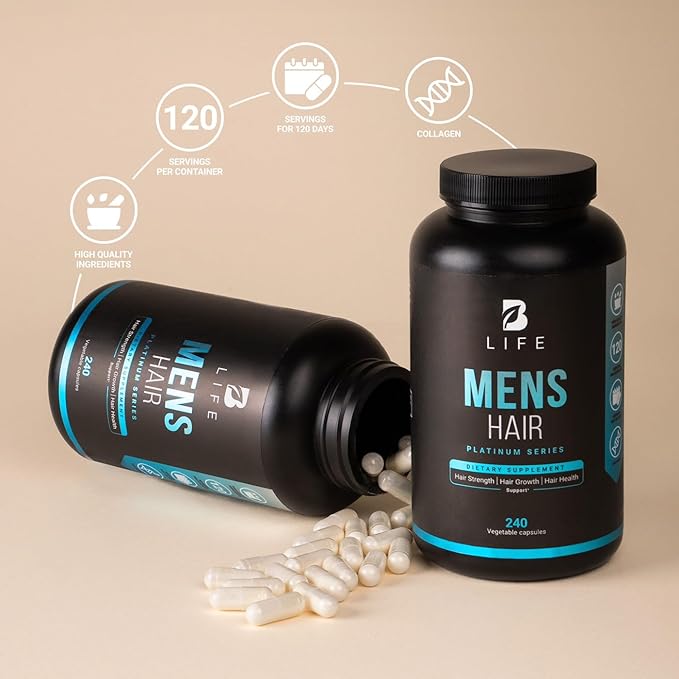 Men's Hair Supplement with Biotin, Selenium, Zinc, Collagen, Vitamins A, C, E, B5 and D3 | 240 Caps - 120 Days | Hair Growth and Strength | Made in USA by B Life.