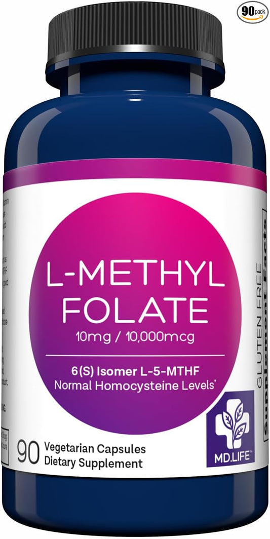 MD Life L-Methylfolate 10 mg - Professional-Grade Active Methylfolate Supplement - Maximum Potency MTHFR Supplements - L methylfolate 10mg 90 Capsules - Essential Amino Acids
