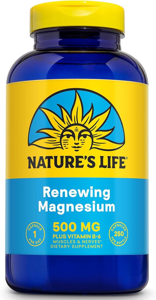 Natures Life Renewing Magnesium 500 mg - Magnesium Citrate, Magnesium Malate, Magnesium Oxide Plus Vitamin B-6 - Muscles and Nerves Support - Lab Verified (250 Servings, 250 VegCaps)
