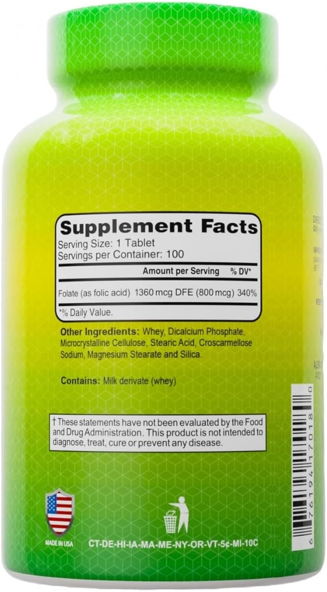 ALFA VITAMINS Folic Acid 800 Mcg Dietary Supplement - Natural Folate, Helps Supports Cardiovascular Health, Metabolism, Brain, & Proper Development of Fetus During Pregnancy - 100 Tablets