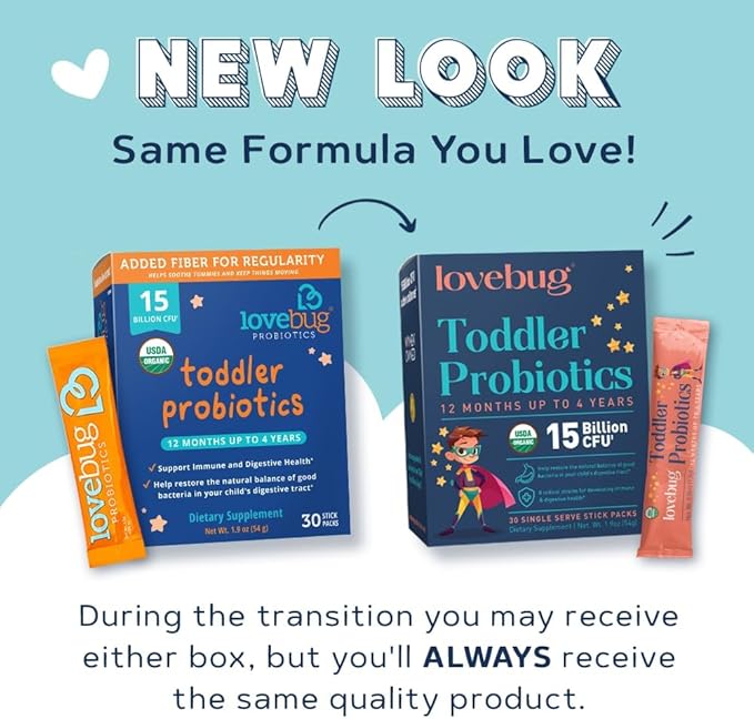 LOVEBUG Award Winning Probiotics | Constipation & Stomach Discomfort | Softer Bowel Movements | Easy-to-Take Powder | Ages 12 Months to 4 Years | 30 Packets