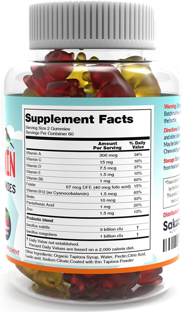 Sakoon nutrition Kids Multivitamin Gummies with Probiotics, 60 Count Raspberry Flavor| Vegetarian, Non-GMO, Gluten Free, Halal Children's Supplement