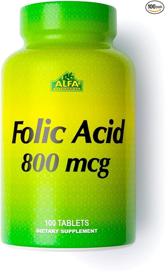 ALFA VITAMINS Folic Acid 800 Mcg Dietary Supplement - Natural Folate, Helps Supports Cardiovascular Health, Metabolism, Brain, & Proper Development of Fetus During Pregnancy - 100 Tablets