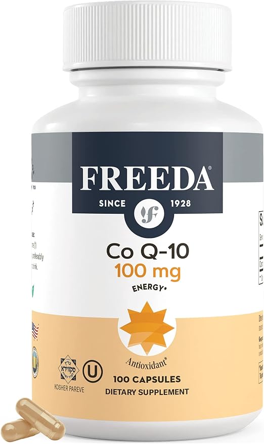 FREEDA CoQ10 100mg - Kosher Coenzyme Q10 Dietary Supplement for Cardiovascular Heart Health, Blood Pressure Support, Oral Gum Health, and Healthy Aging - Pure CoQ10 Capsules, 100 Count