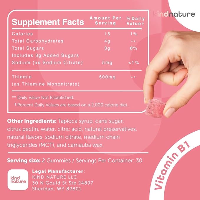 Kind Nature Vitamin B1 Gummies 500mg – High Potency Thiamine Supplement for Energy, Focus & Nervous System – Vegan, Non-GMO Chewable B1 Vitamins for Adults & Kids – Natural Strawberry Flavor – 60 Ct