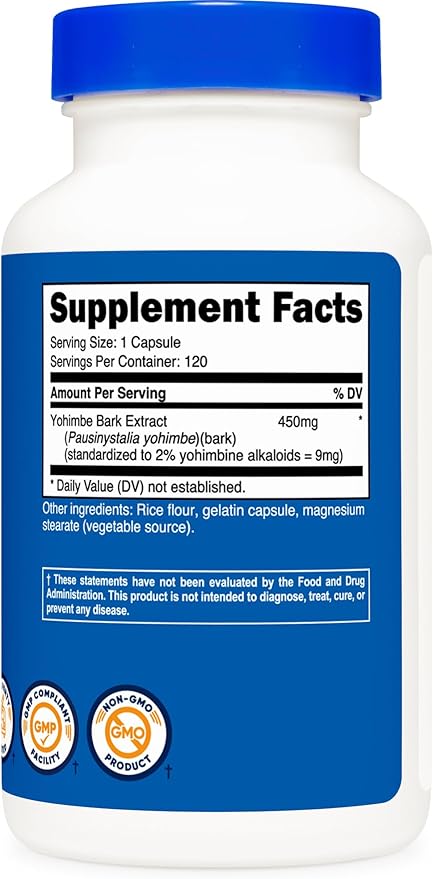 Nutricost Yohimbe Bark Extract 450mg (9mg Yohimbine Alkaloids), 120 Capsules - Extra Strength, Gluten Free, Non-GMO