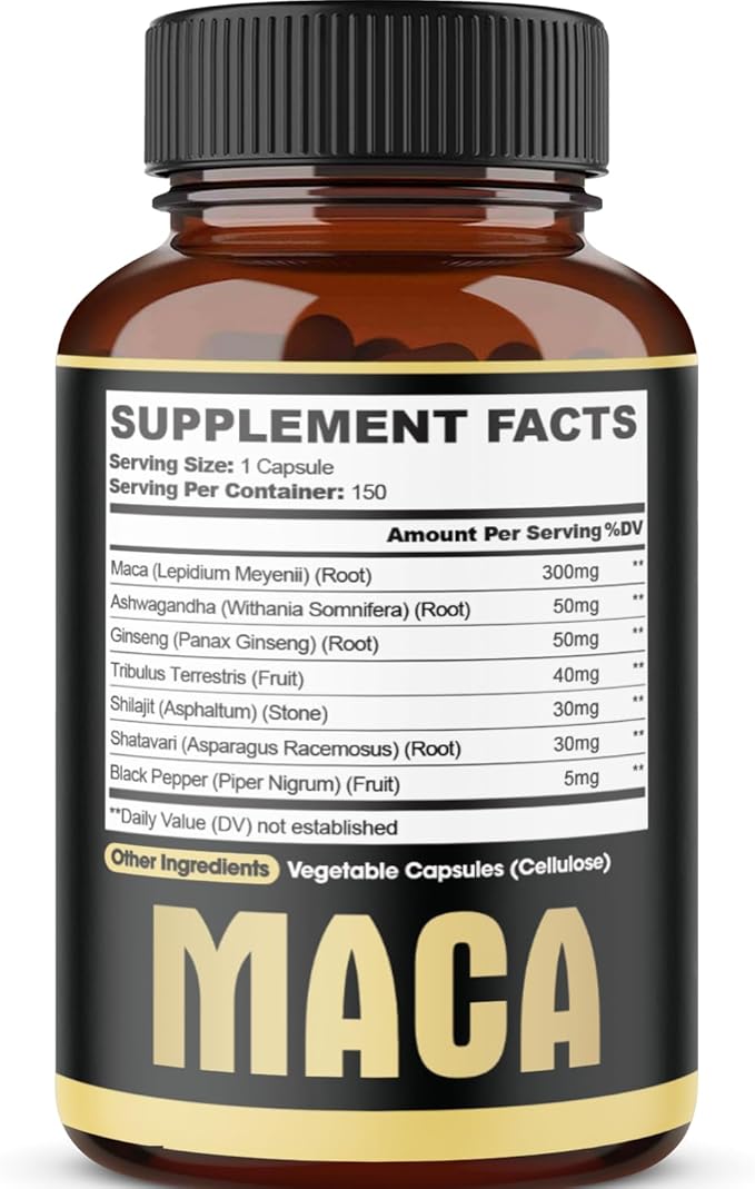 7in1 Premium Maca Root Capsules - with Ashwagandha, Ginseng, Tribulus, Shilajit, Shatavari & Black Pepper - Natural Energy, Performance & Mood Support - 150 Counts for 5 Months