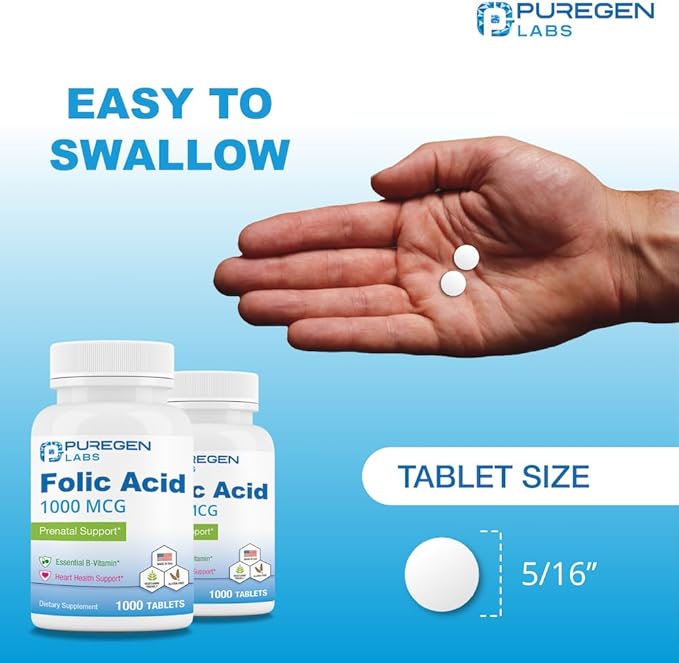 Puregen Labs Folic Acid 1000 mcg Tablets | Vitamin B9 | Non-GMO | Gluten Free | Made in USA | Value Size 1000 Tablets