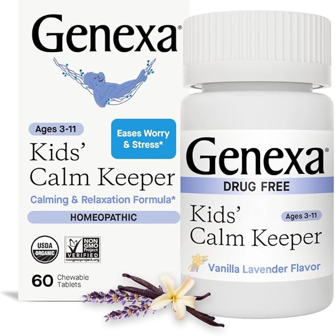Genexa Kid’s Calm Keeper | Stress Relief for Children | Eases Worries & Tensions| Natural Vanilla & Lavender Flavor | Certified Vegan, Gluten Free, & Non-GMO | 60 Chewable Tablets for Ages 3-11