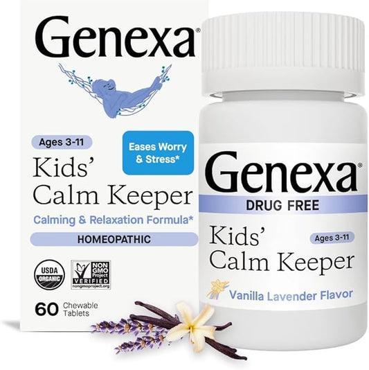 Genexa Kid’s Calm Keeper | Stress Relief for Children | Eases Worries & Tensions| Natural Vanilla & Lavender Flavor | Certified Vegan, Gluten Free, & Non-GMO | 60 Chewable Tablets for Ages 3-11