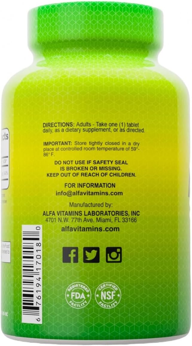 ALFA VITAMINS Folic Acid 800 Mcg Dietary Supplement - Natural Folate, Helps Supports Cardiovascular Health, Metabolism, Brain, & Proper Development of Fetus During Pregnancy - 100 Tablets