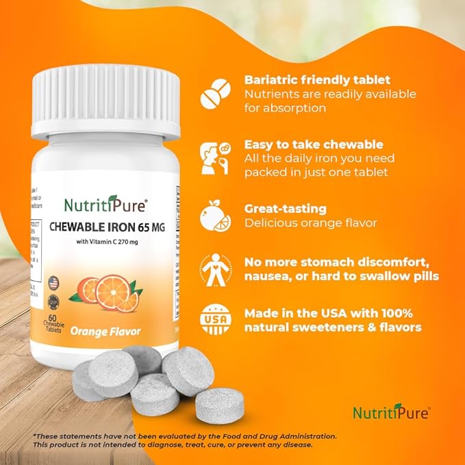 Chewable Iron 65 mg with Vitamin C 270 mg - Tablet in Orange Flavor 60 Count (2)