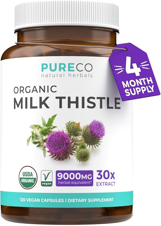 USDA Organic Milk Thistle Capsules - 80% Silymarin Supplement for Liver Support- Super Concentrated 300mg of 30:1 Milk Thistle Extract Equivalent to 9,000mg - Milk Thistle Liver Detox 120 Day Supply