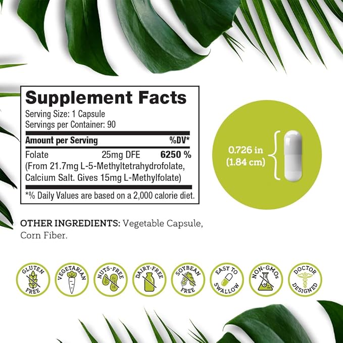 DSO L Methylfolate 15mg (5 MTHF Supplement) - 90 Vegan Capsules (15 mg) - Active L Methyl Folate Supplement for Homocysteine Control - Folic Acid Vitamin - Eco-Friendly Packaging