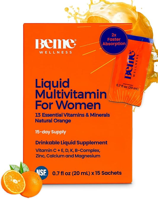 BeMe Liquid Multivitamin for Women - 2X Faster Absorption & High Bioavailability - Vitamin C+E, D, K, Calcium, Zinc, Magnesium - Clinically Tested Womens Multivitamin, Non-GMO, Soy, Dairy Free