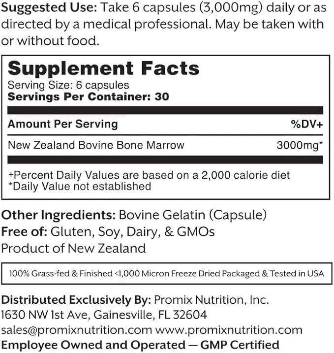 ProMix Nutrition Grass-Fed Beef Bone Marrow Supplement | Rich in Collagen, Vitamins & Minerals - Raw & Freeze Dried | - 180 Gelatin Capsules