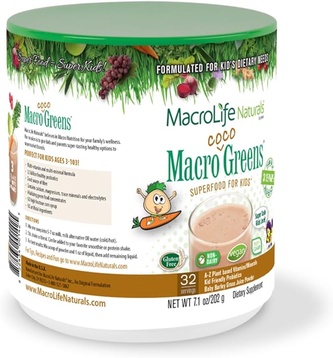 MacroLife Naturals MacroCoco Greens Chocolate Superfood Powder for Kids Raw Fruits Veggies Probiotics & Digestive Enzymes, Immunity Energy, Non-GMO, Vegan, Gluten, Dairy Free - 7oz (32 Servings)