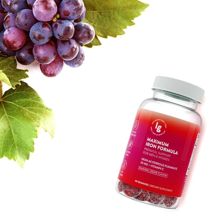 Maximum Iron Formula Iron Supplement Gummies, Vegan Iron Gummies, High Potency Iron Gummies for Women and Men with Vitamin C, Chewable Iron, Vitamin C for Adults, 20mg Iron, Natural Grape Flavor