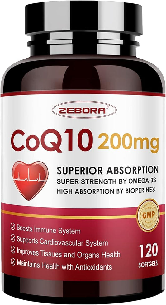 CoQ10-200mg-Softgels with PQQ, BioPerine & Omega-3, 120 Servings Coenzyme Q10(Ubiquinone) Supplement for High-Absorption, Powerful-Antioxidant, Support Heart & Energy-Production
