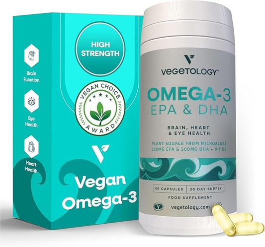 Vegan Omega 3 Supplement (60 Capsules) – Omega-3, EPA, Vitamin D3 & DHA Supplements - Algae Omega 3 Vegan Supplements for Brain, Eye, & Heart Health – Omega 3 for Kids & Adults