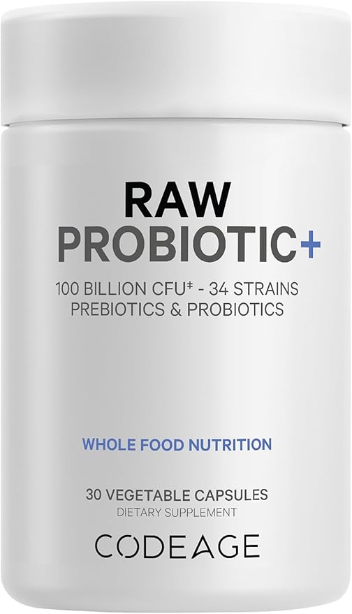 Codeage Raw Probiotic+ Supplement - 34 Probiotic Strains, 100 Billion CFUs, Raw Whole Food Probiotics, Digestive Enzymes, Raw Fruits & Veggies Prebiotics - Wild Kefir Culture - Non-GMO - 30 Capsules
