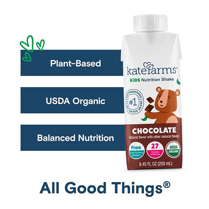 KATE FARMS Organic Pediatric Kids Nutrition Shake, Chocolate, 8g protein, 27 Vitamins and Minerals, Meal Replacement, Protein Shake, Gluten Free, Non-GMO, 8.45 oz (6 Pack)
