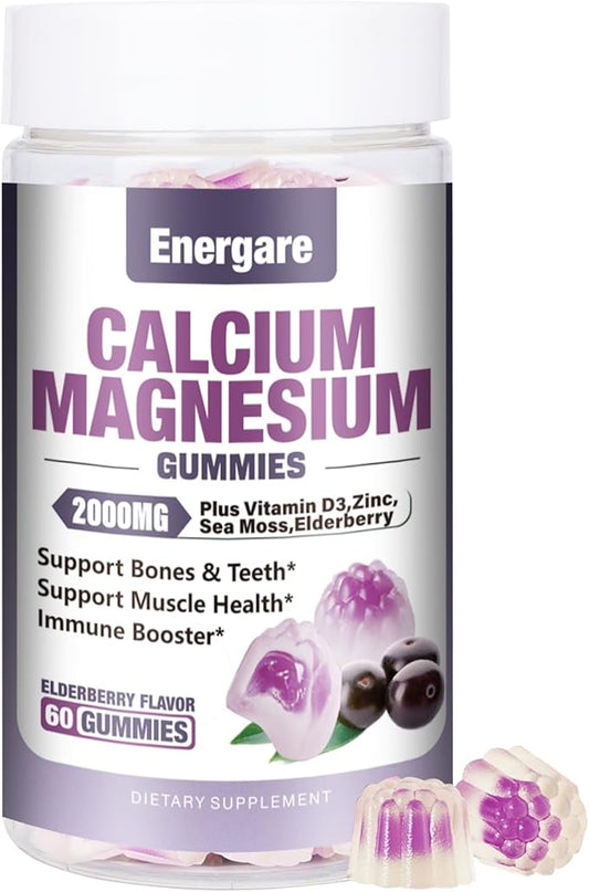 1 Pack Calcium Magnesium Zinc Gummies with Vitamin D3, Sea Moss, Calcium Gummies for Bone, Muscles, Calm Mood Support, Supplements for Kids & Adults, Sugar-Free, Vegan, Elderberry Flavor, 60ct