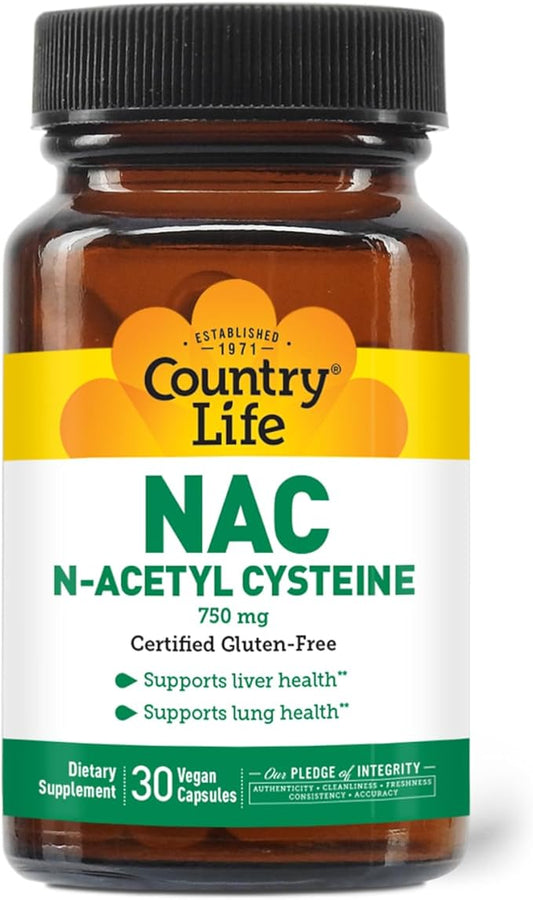 Country Life N-Acetyl Cysteine (NAC) 750 mg – Premium Liver Support and Lung Health Supplement – Powerful Antioxidant Protection, Liver Detox & Cleanse, Immune Support, 30 Vegetarian Capsules