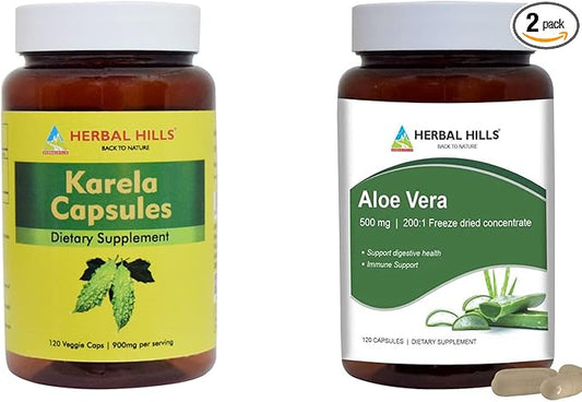 HERBAL HILLS Karela Bitter Melon Capsule and Aloe Vera Capsules Each 120 Count Combo (Pack of 2)